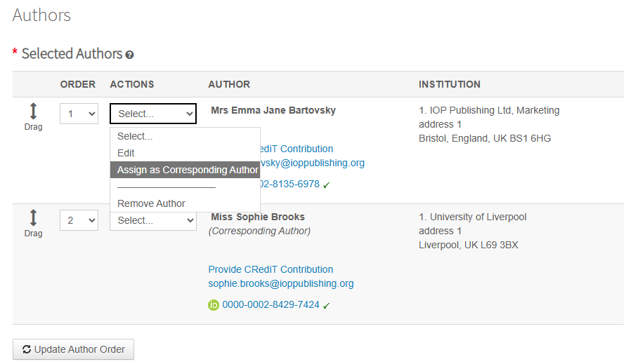 Assigning author roles in Scholar One