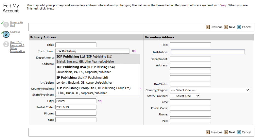 Edit my account in ScholarOne