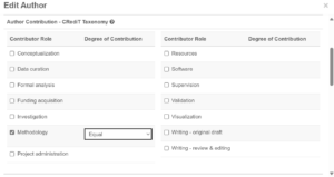 Screenshot of how to add CRediT roles for an author