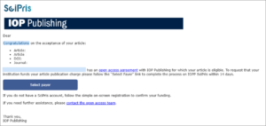 SciPris Author Congratulations email
