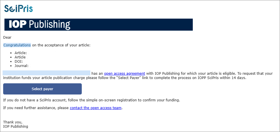 SciPris Author Congratulations email